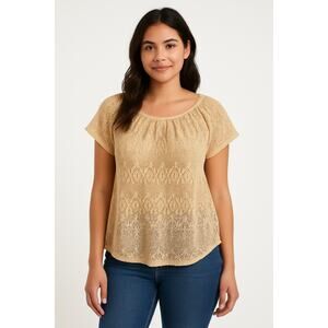 Lucky Brand Women's Sheer Crochet Lace Blouse - Size Medium, Boho Short Sleeve